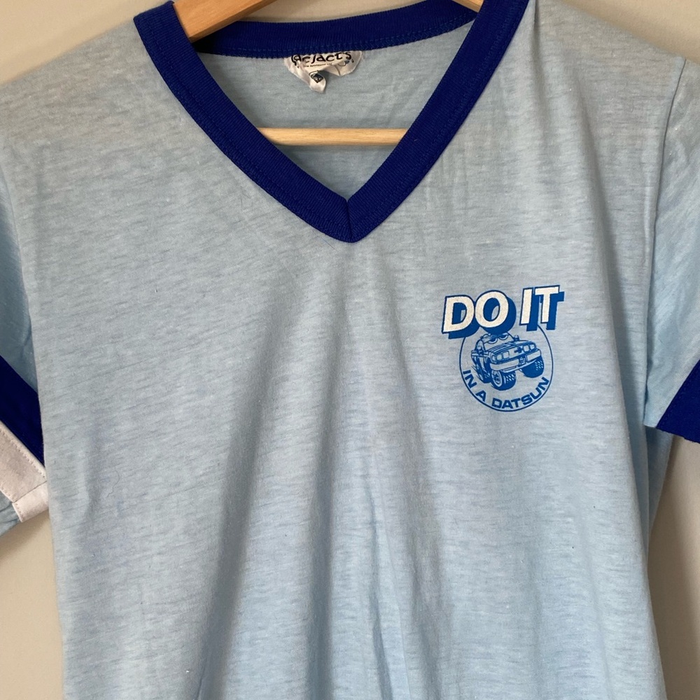Vintage “do it in a Datsun” paper thin v neck ringer tee